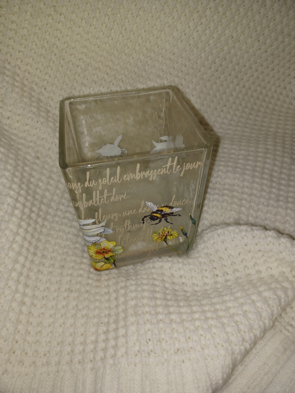 Decorative Glass Votive Holder with Yellow Floral and Bee Design